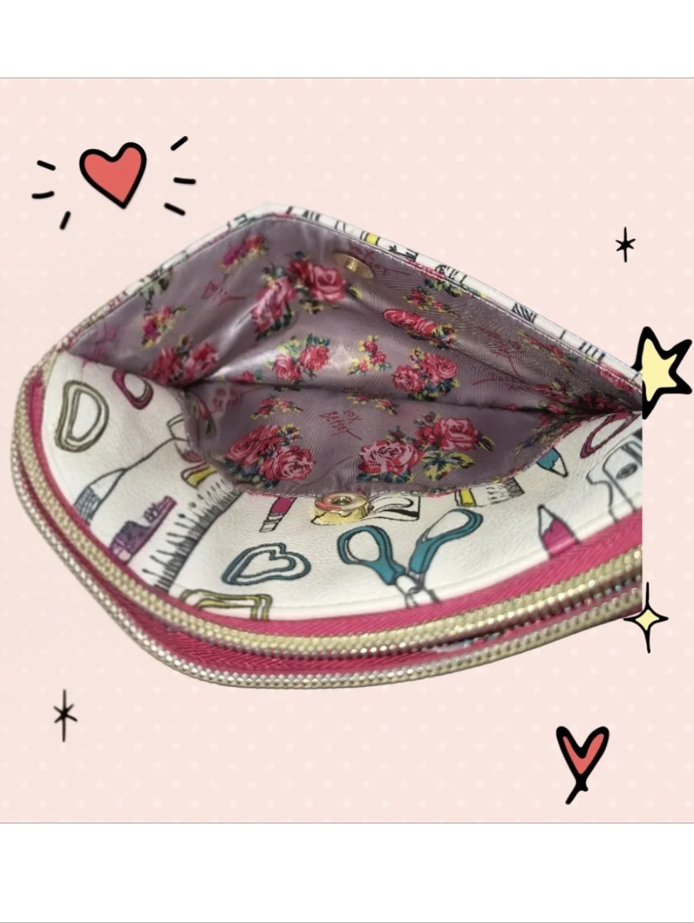 Betsey Johnson White School Tools Print Wristlet with Pink Trim